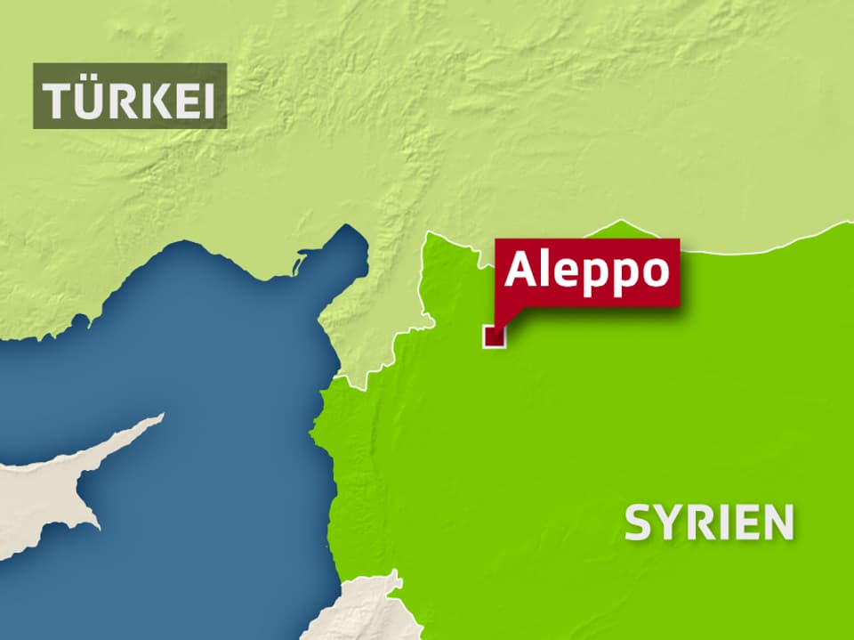 Kartenausschnitt von Syrien und der Türkei mit der Stadt Aleppo.