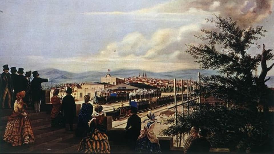 Archivbild der Einfahrt des ersten Zuges auf Schweizer Boden im Jahr 1844
