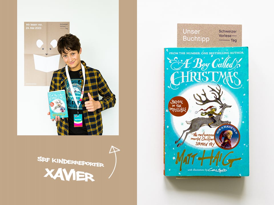 Kinderreporter Xavier mit dem Buch «A Boy Called Christmas»