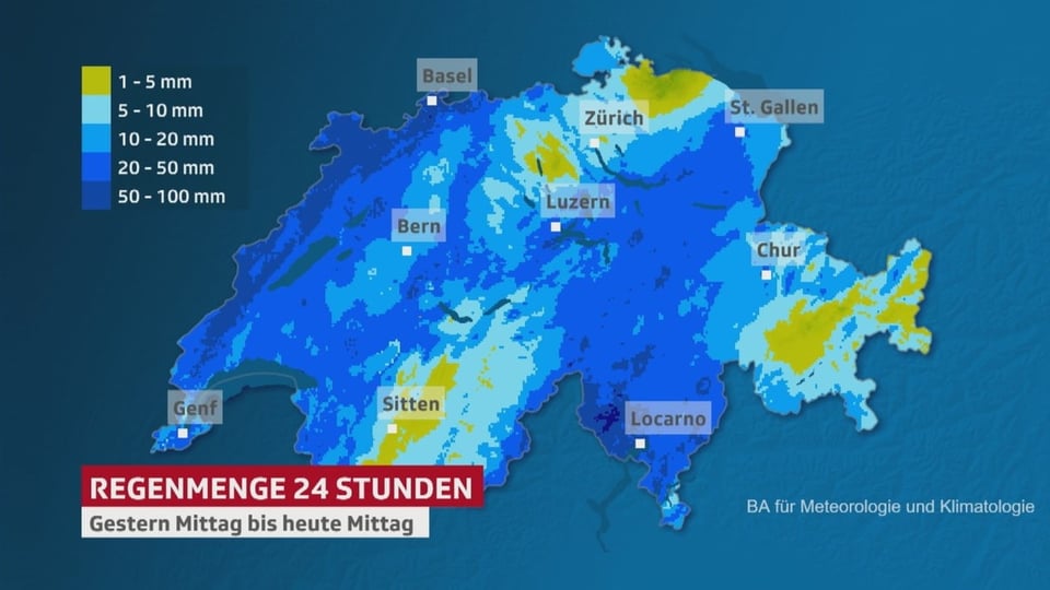 Schweizer Karte: Je blauer eine Region eingefärbt, desto mehr Regen ist gefallen in den letzten 24 Stunden.