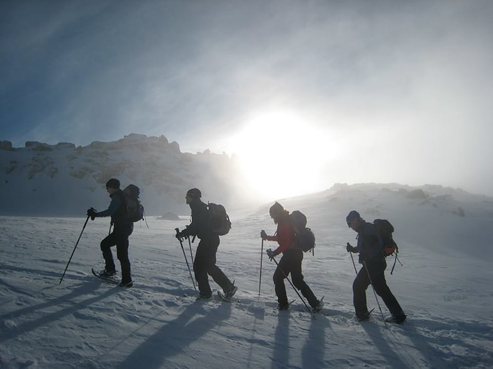 Gruppe von Menschen macht eine Bergtour.