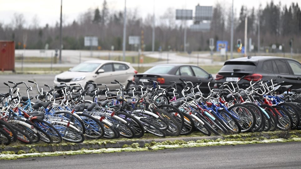 Über 20 Fahrräder stehen in einer Reihe aneinander. Im Hintergrund ist das Grenzareal zu sehen.