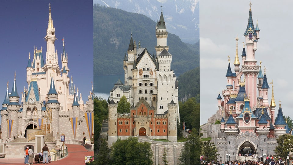 Das Disney-Schloss in den USA, Schloss Neuschwanstein und das Disney-Schloss in Paris. 