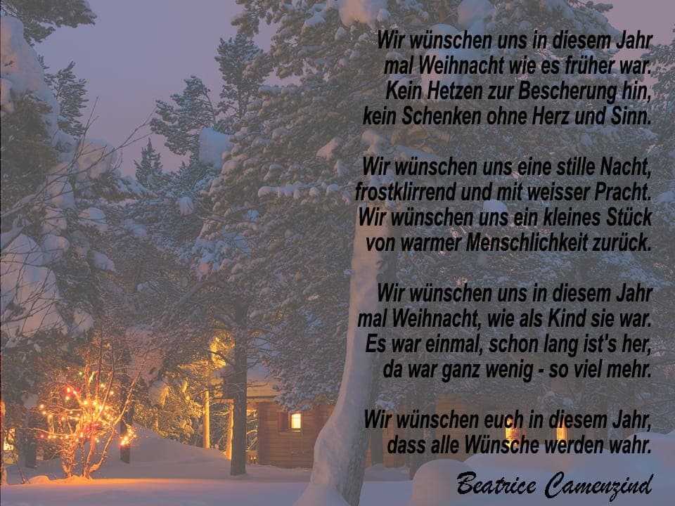 Ein Gedicht auf einem Bild mit einer Waldhütte im Winter.