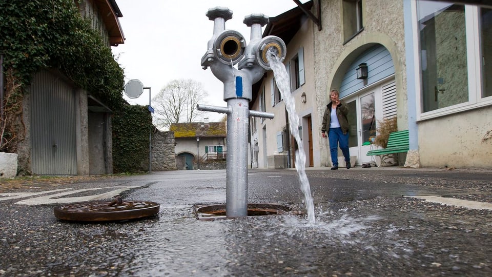 Aus einem Hydrant fliesst Wasser.