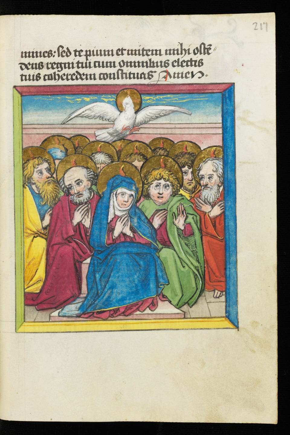 eine farbige Illustration von Menschen, die beten in einem alten Buch