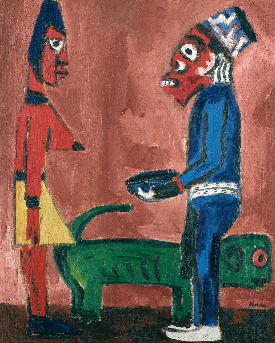 Ein Gemälde: zwei Gestalten stehen vor einem roten Hintergrund.