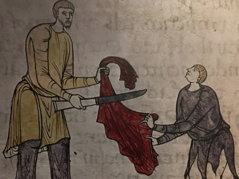 Martin teilt den Mantel mit einem Bettler. Bild aus dem 11. Jahrhundert.