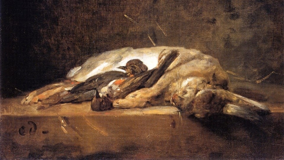 Ölgemälde von einem toten Hasen auf einem Steintisch