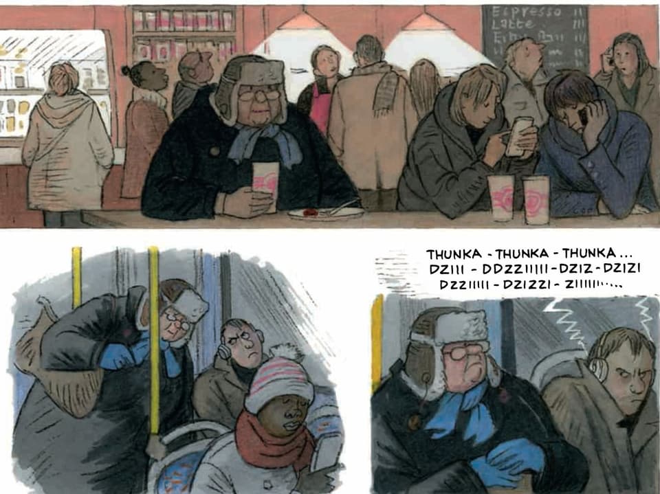 Comic-Strip mit drei Bildern: 1: Frau in einer Bar alleine am Tresen. 2: Frau setzt sich im Bus an einen Platz. 3: Frau sitzt im Bus neben einem Mann, der gerade laut Musik hört.