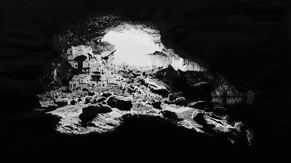 Schwarzweiss-Zeichnung: Ein modernes, verwinkeltes Gebäude steht in einer Höhle. 