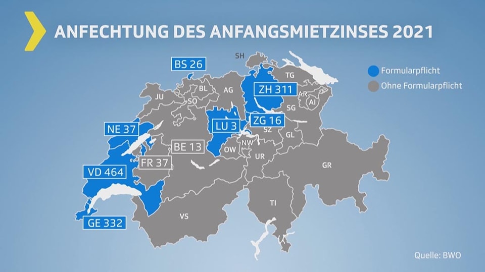 Schweizerkarte: Anzahl Mietzinsanfechtungen pro Kanton