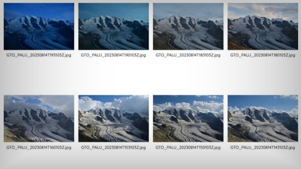 Screenshot der Webseite mit acht Fotografien des Gletschers