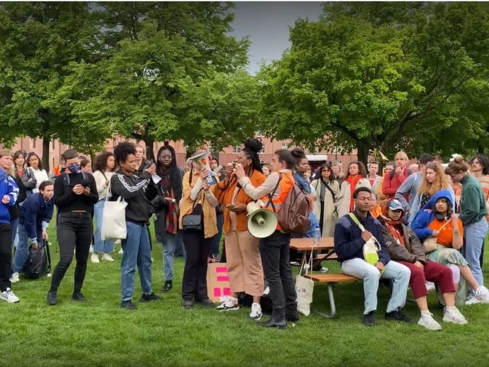 Demonstration, Gwenn hält grade eine Rede in einem Park.