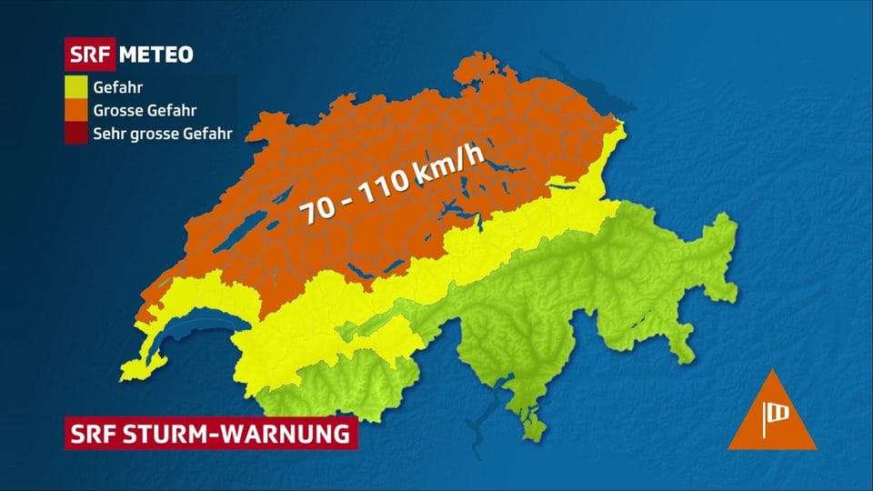Schweizerkarte, die den ganzen Norden und Alpennordhang mit Wallis mit Windwarnungen eingefärbt hat. 