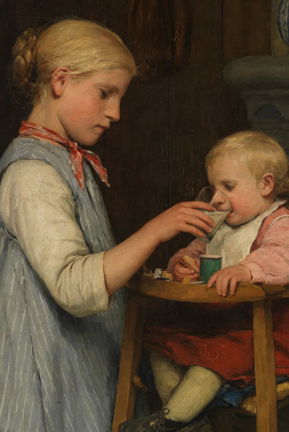 Ein Gemälde von Albert Anker: Ein Mädchen gibt einem kleinen Kind mit einem Glas Milch zu trinken.