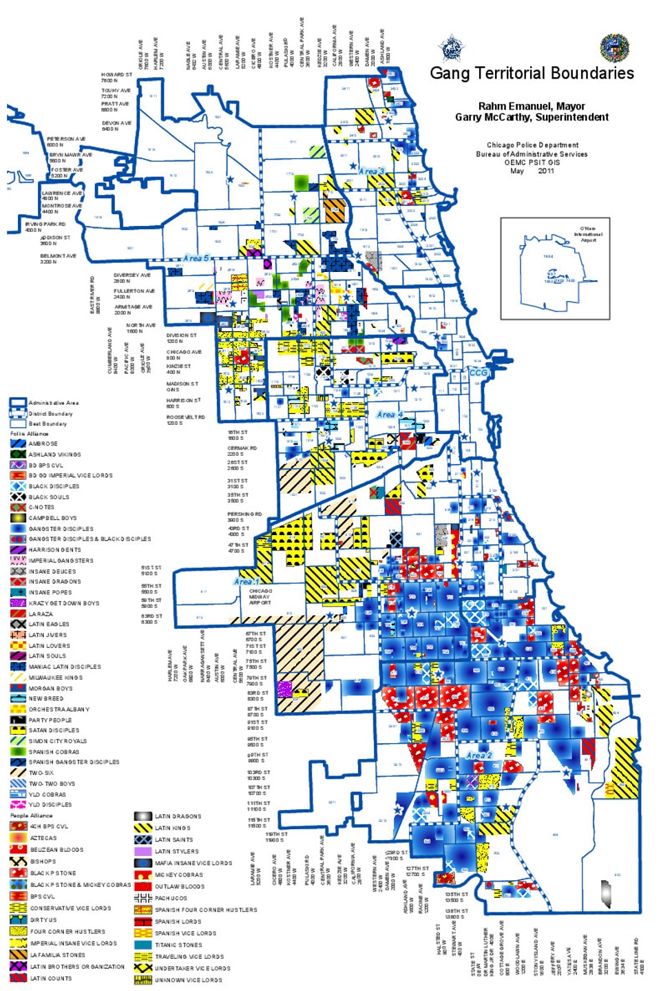 Diese Karte zeigt, welche Gangs in Chicago im Jahr 2010 in welchen Bezirken aktiv waren.