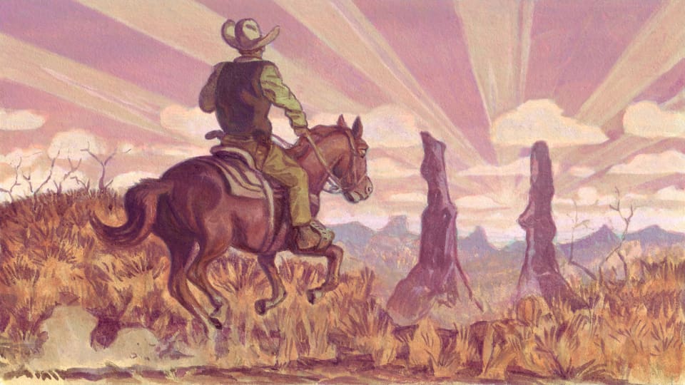 Illustration of a man sitting on a horse and riding through a prairie.