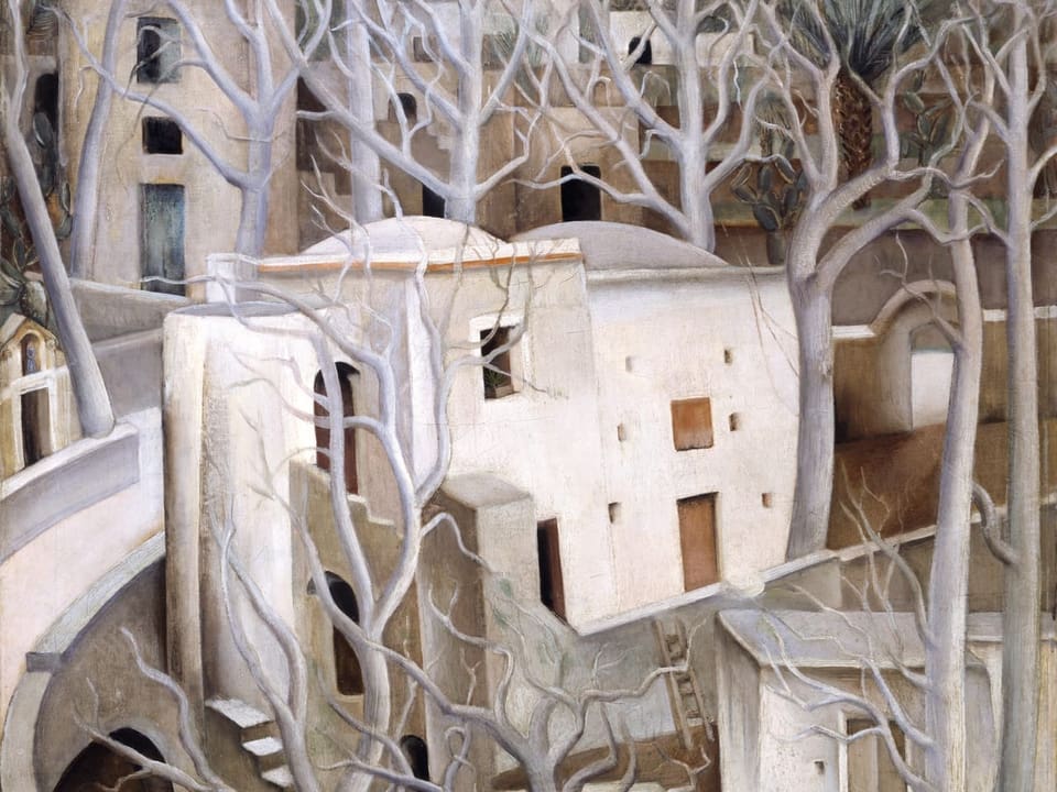 «Weisse Nussbäume» von Anita Clara Rée zeigt ein Haus inmitten von kahlen, weissen Bäumen.