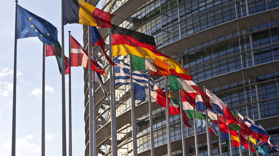 Flaggen vor dem EU-Parlamentsgebäude in Strassbourg.