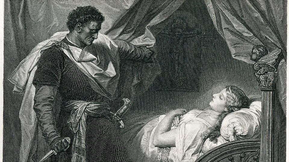 Historische Illustration von Othello, der Desdemona betrachtet.