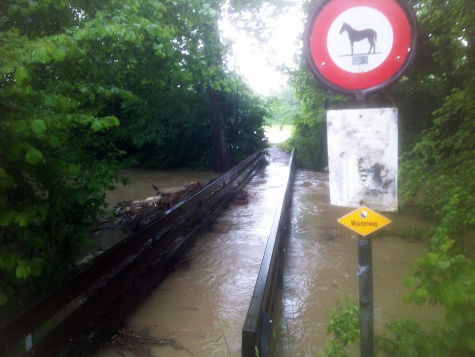 Überschwemmte Brücke in der Nähe vom Kloster Fahr in der Gemeinde Unterengstringen (ZH) (Bild: SRF Augenzeuge/ Daniel Laumer)