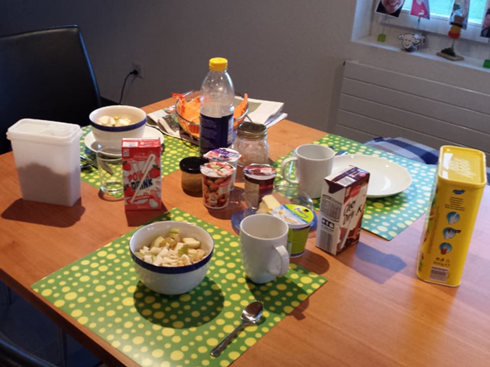 Tisch mit Yoghurt, Muesli, Flocken, Kaffeetasse, Schokoladenpulver.