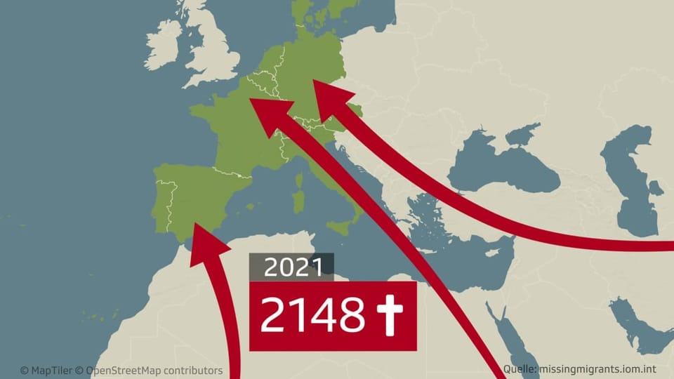 Karte von Europa mit den Fluchtbewegungen aus Nordafrika und Asien. 2148 Menschen starben 2021 beim Fluchtversuch.