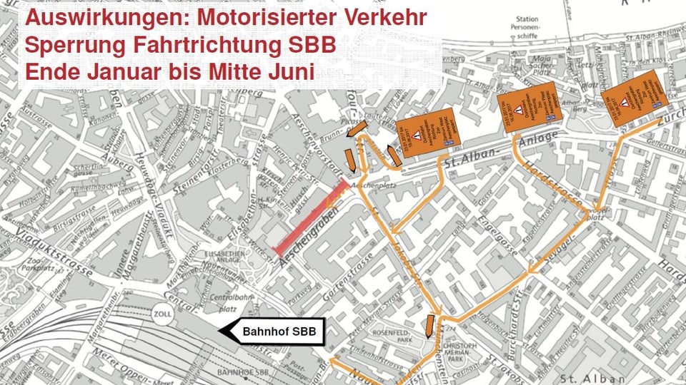 Strassenplan mit eingezeichneten Umleitungen für den motorisierten Verkehr.