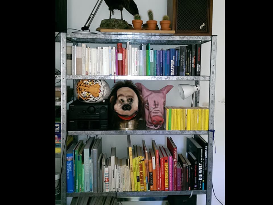 Büchergestell mit Masken und farbigen Büchern.