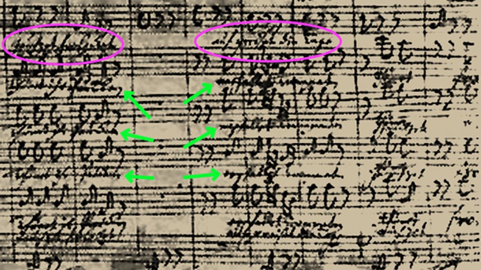 Partiturseite aus dem Weihnachtsoratorium mit J.S. Bachs Text-Korrekturen