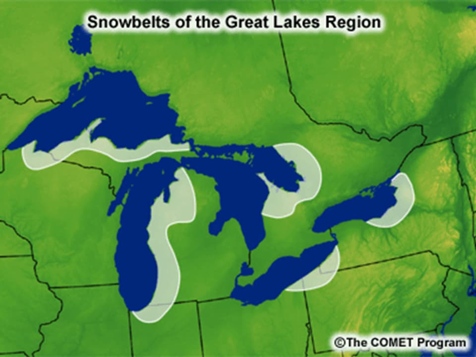 Karten mit den Grossen Seen. Markiert die vom Lake-effect snow am häufigsten betroffenen Regionen.