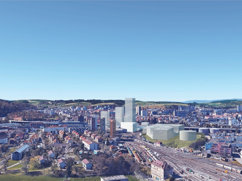 Visualisierung: So könnte das neue Quartier zwischen Europaplatz und Weyermannshaus aussehen. Drei Hochhäuser neben den Geleisen.
