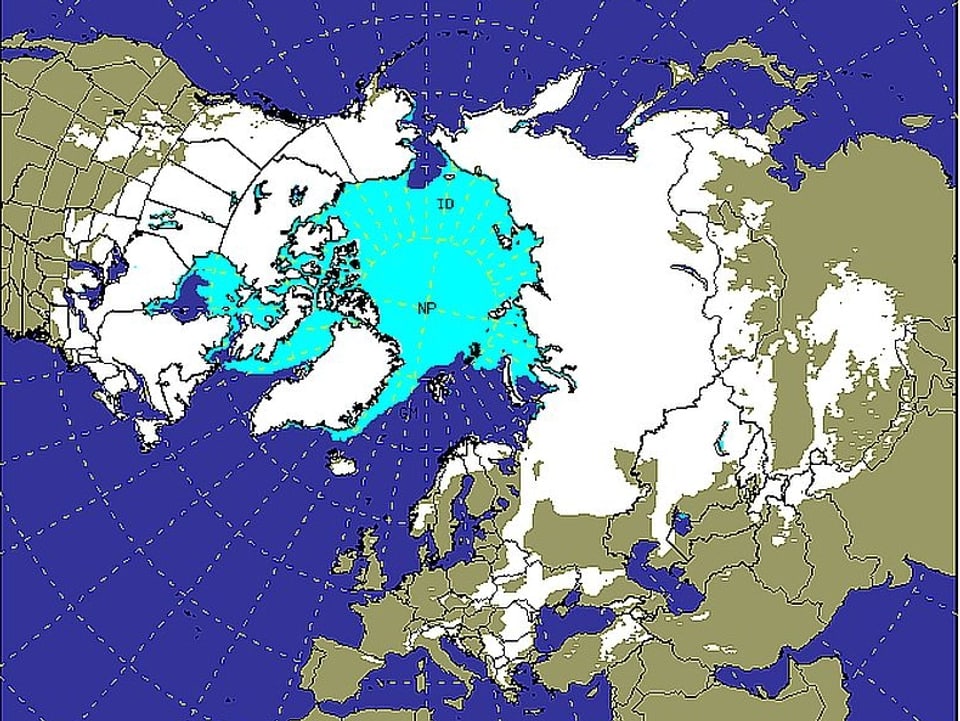 Blaue und weisse Flächen zeigen auf den Kontinenten die aktuell mit Eis und Schnee bedeckten Areale.