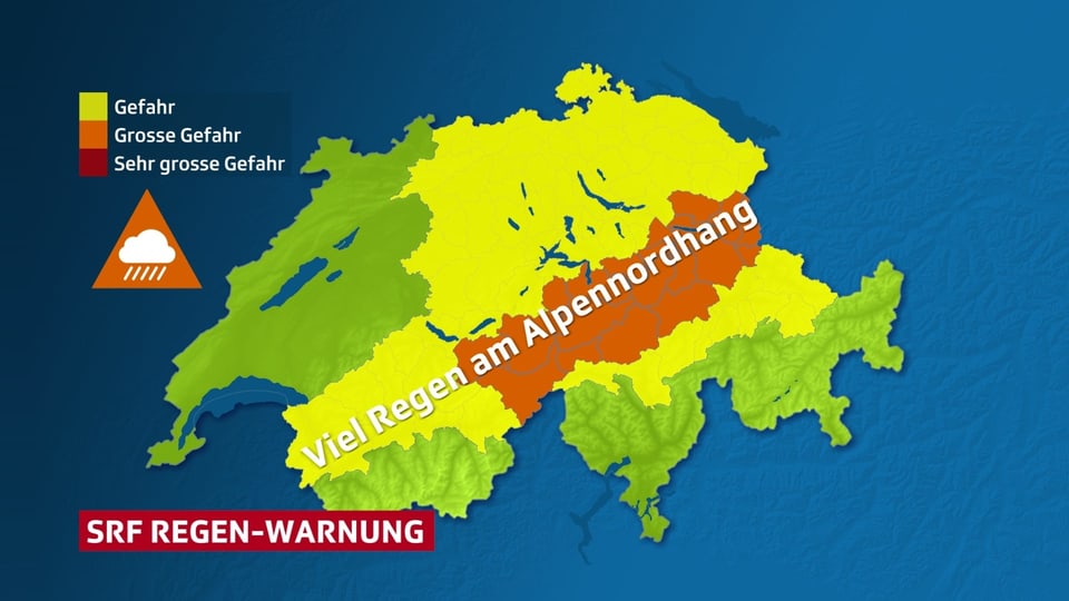 Schweiterkarte mit Regenwarnungen. Die Alpen, Voralpen sowie Zentral- und Ostschweiz sind gewarnt. 