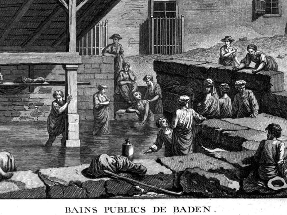 Frauen in Kleidern am baden, schwarzweisse Zeichnung