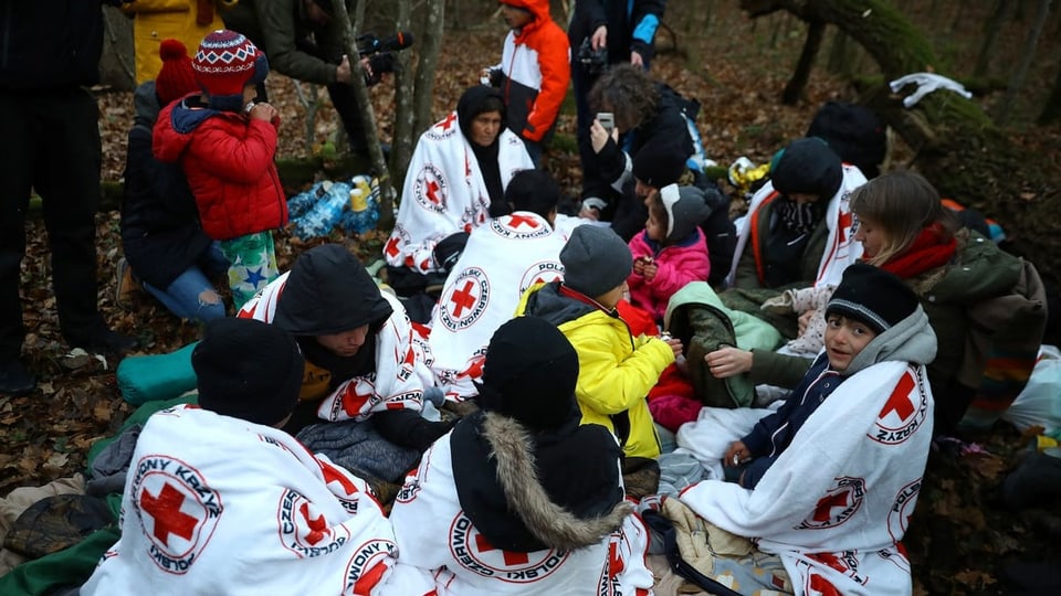 Flüchtlinge in einem Waldstück ausserhalb von Narewka.