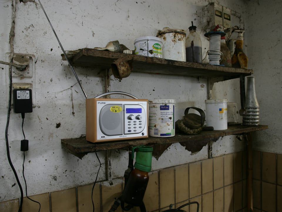 Ein Digitalradio auf einem Wandgestellt in einem Stall.