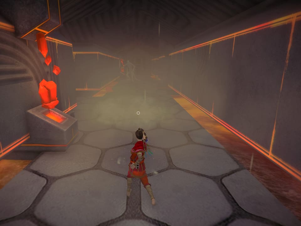 Die Spielfigur schleudert mit Wind eine Echse gegen die Wand.