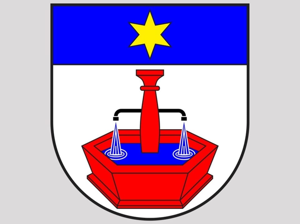 Wappen mit einem roten Brunnen auf weissem Grund. 