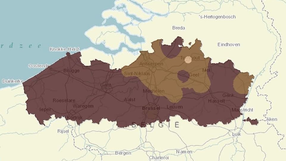 Eine Karte Flanderns zeigt Trockenheit im ganzen Gliedstaat Belgiens. Rund drei Viertel von Flandern leiden gar unter extremer Trockenheit.