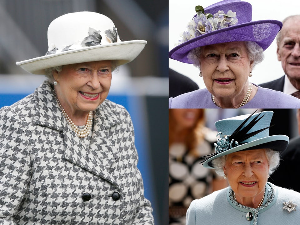 Eine Collage auf der die Queen mit diversen Hüten zu sehen ist.