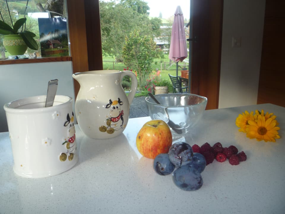 Früchte und Tasse.