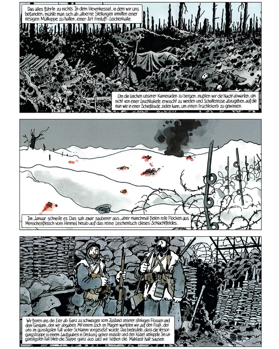 Drei Bilder aus einem Comic: Ein verlassenes Schlachtfeld, verschneite Hügel mit Blutspuren und zwei Soldaten im Schützengraben.