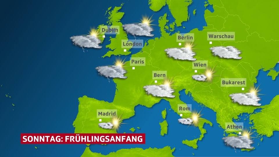 Eine Karte mit Wettersymbolen von Europa.