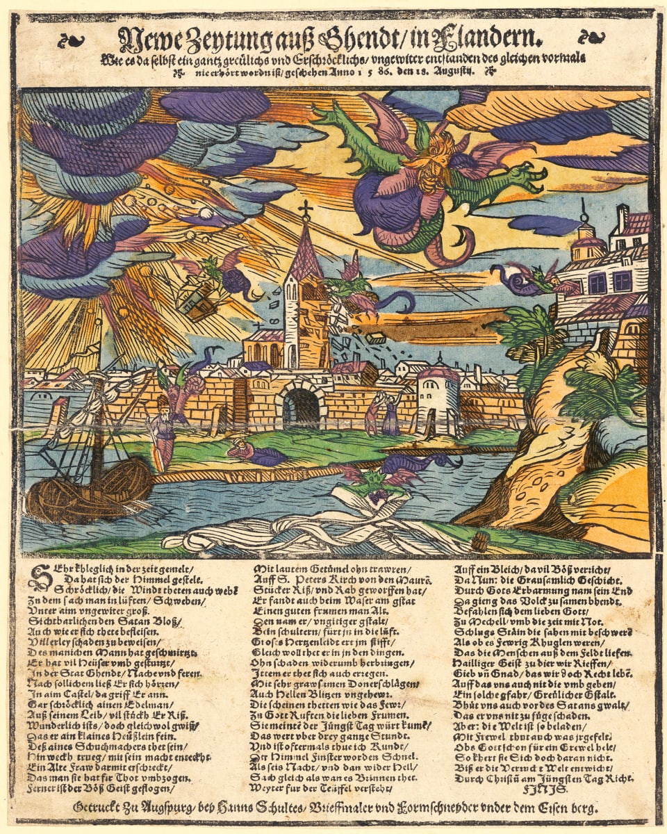 Fliegende Teufel, die Unheil anrichten: Ein Flugblatt mit der Unwetterkatastrophe über Gent und Mecheln im August 1586.