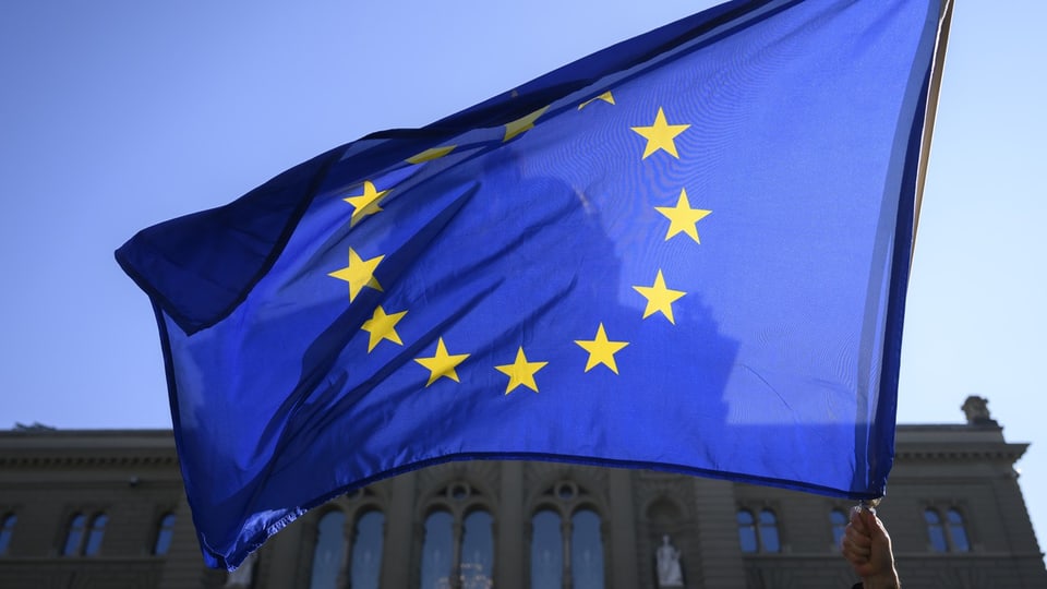 Eine EU-Flagge weht vor dem Bundeshaus