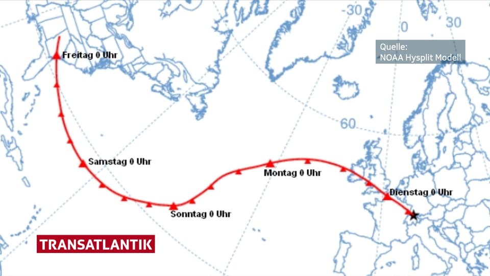 Eine Karte des Nordatlantiks zeigt den Weg, welchen die Luftpakete in den letzten vier Tage zurückgelegt haben.