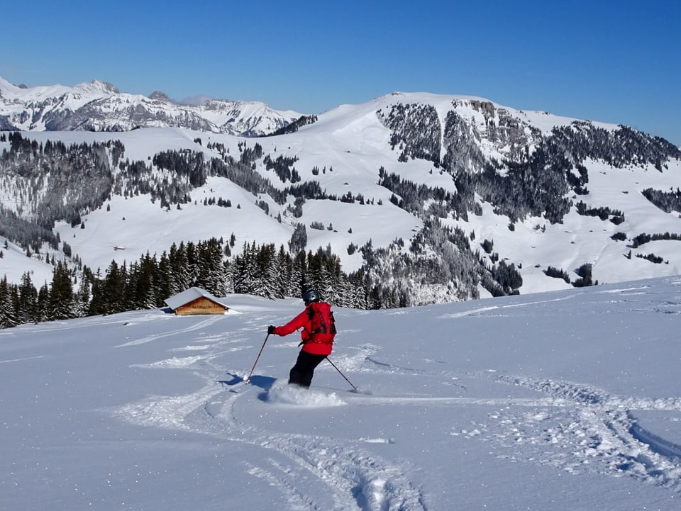Skifahrer im Tiefschnee bei blauem Himmel in Diemtigen.