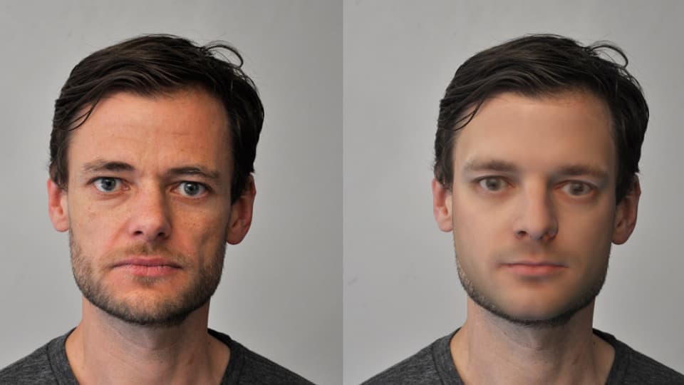 Zwei Porträts derselben Person, links als Fotografie, rechts als vom Computer berechnetes Bild.